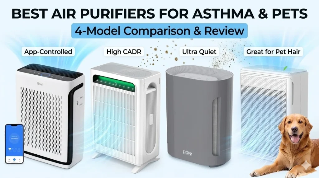 LEVOIT Vital 100S-P air purifier with smart app control, designed to remove pet dander, allergens, and odors for asthma sufferers