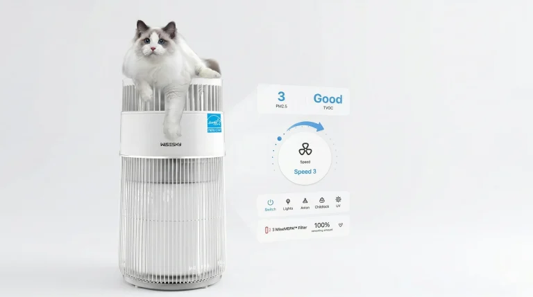 WiseSky W-Cat pet air purifier with a ragdoll cat sitting on top, showing 360-degree air intake design and smart app control