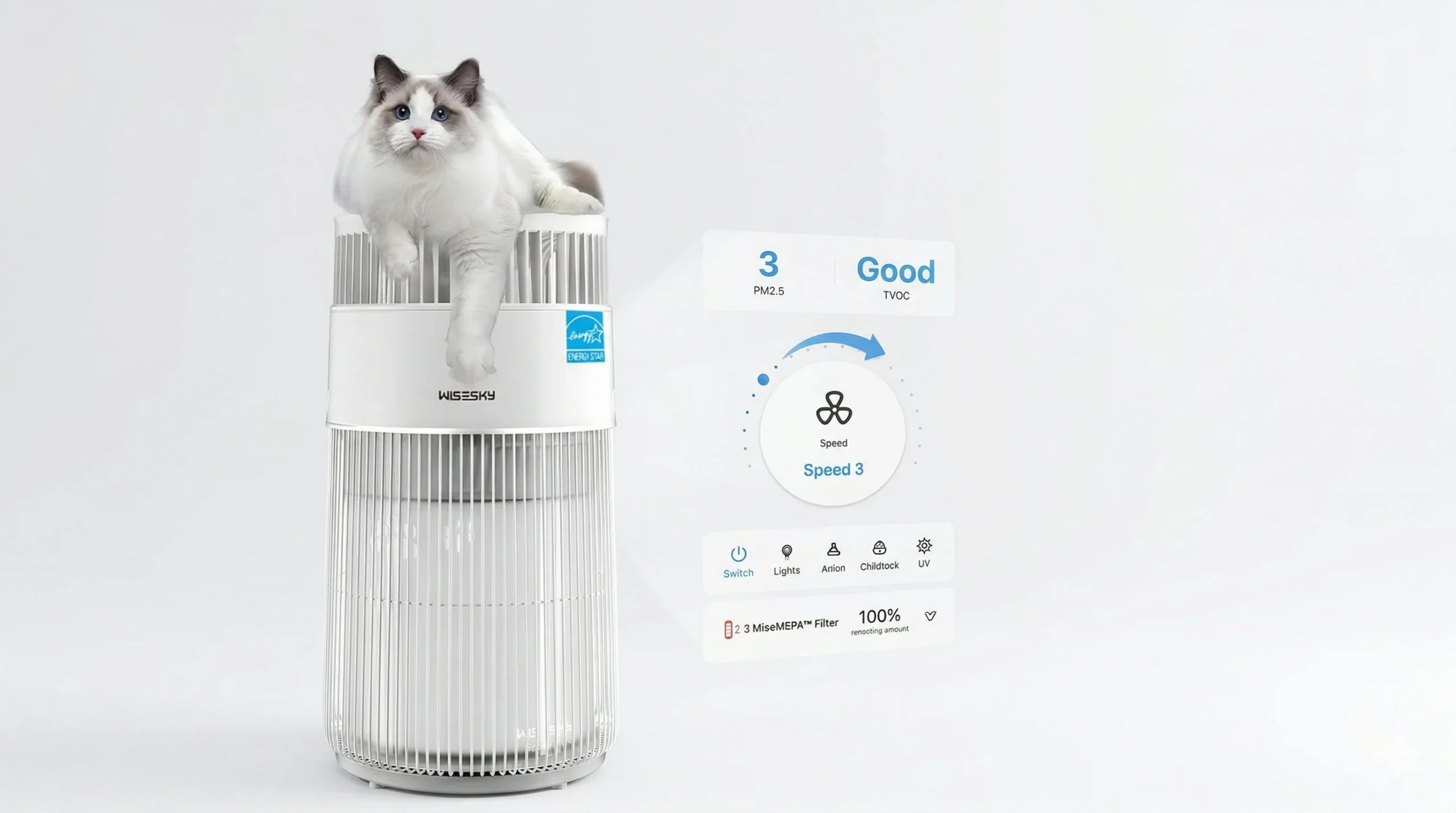 WiseSky W-Cat pet air purifier with a ragdoll cat sitting on top, showing 360-degree air intake design and smart app control