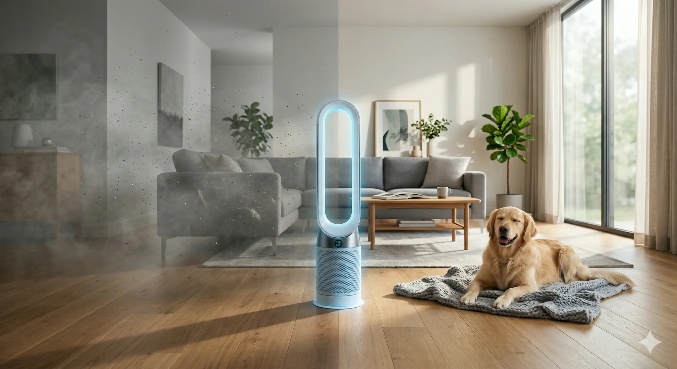 Modern living room with air purifier removing smoke and pet dander, showing clean and fresh indoor air