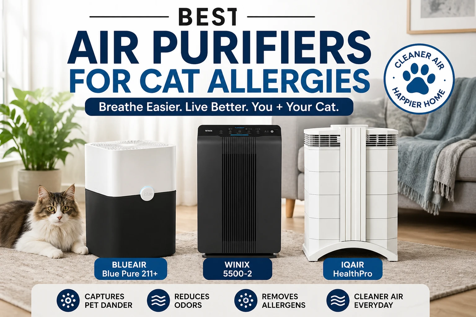 Best air purifiers for cat allergies featuring Blueair Blue Pure 211+, Winix 5500-2, and IQAir HealthPro in a modern living room setting with a cat
