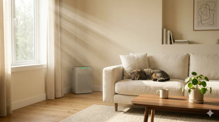 clean living room with dog and fresh air atmosphere, best air purifiers for pet dander