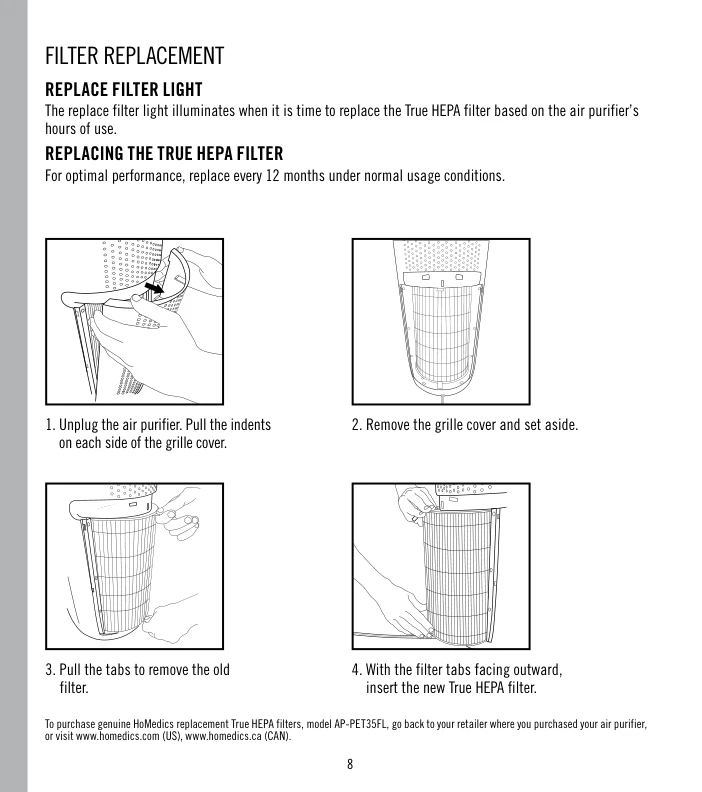 HoMedics Pet Plus Air Purifier filter replacement manual page showing AP-PET35FL replacement filter and first steps