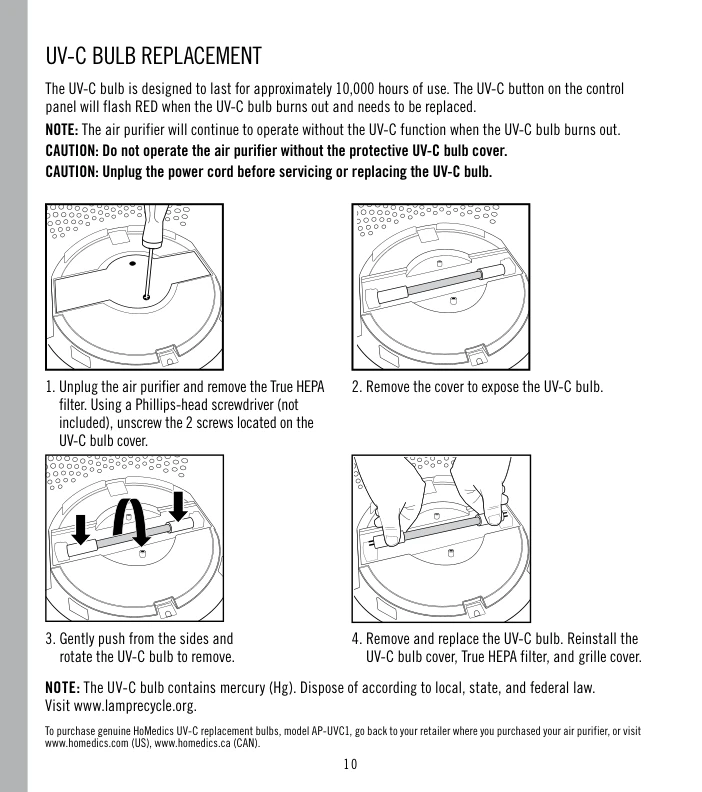 HoMedics Pet Plus Air Purifier UV-C bulb replacement manual page showing UV-C button flashing red when bulb needs replacement