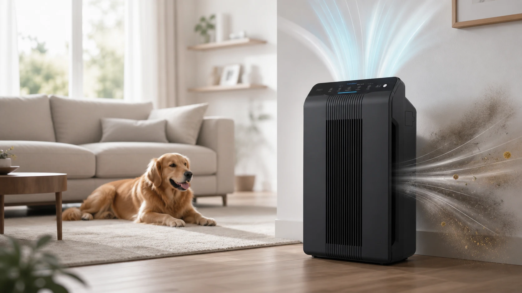 Winix 5500-2 air purifier in a modern living room with a dog, showing clean air filtration performance
