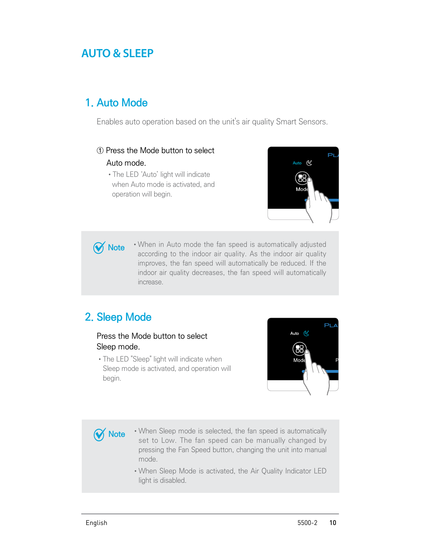 Winix 5500-2 Auto Mode and Sleep Mode instructions