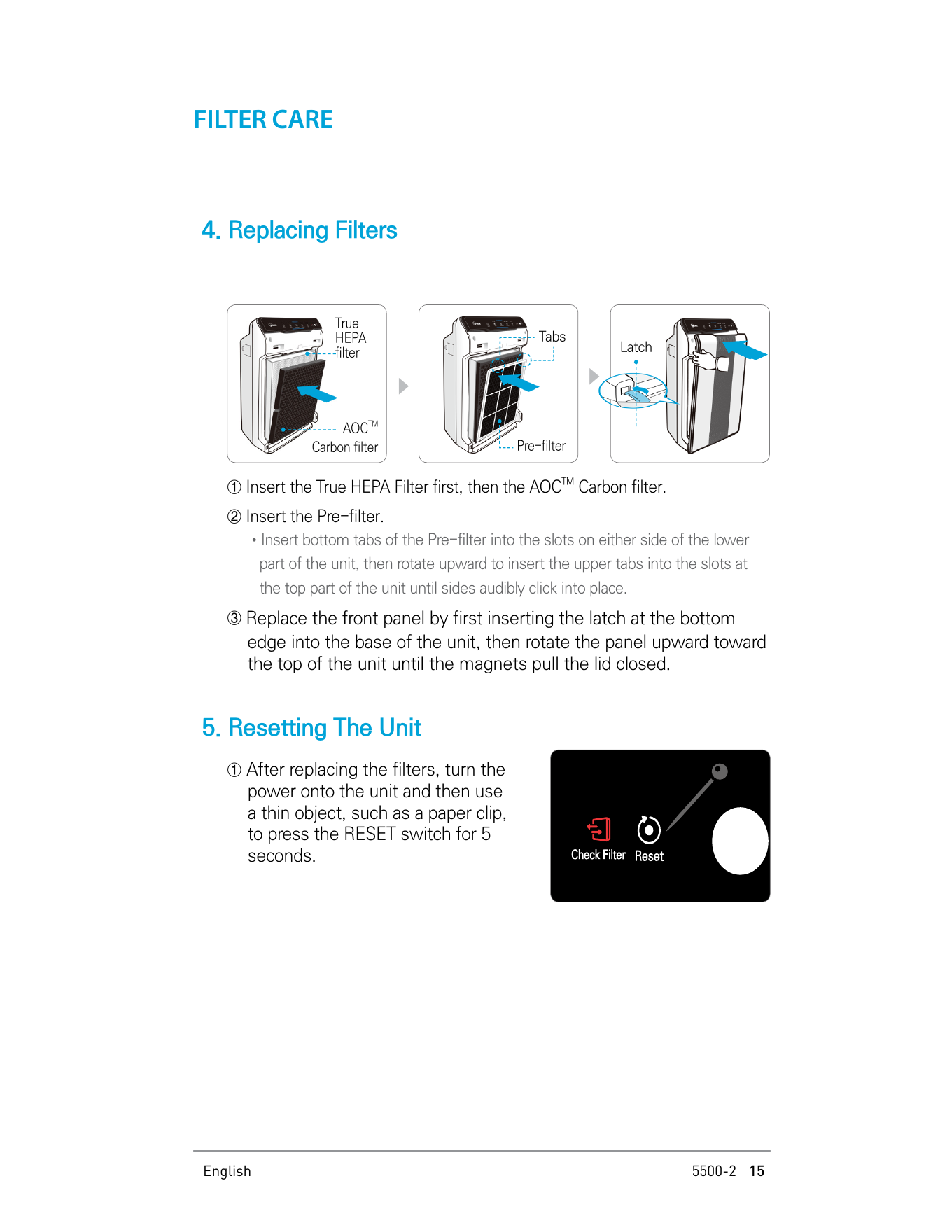 Winix 5500-2 filter replacement and reset instructions