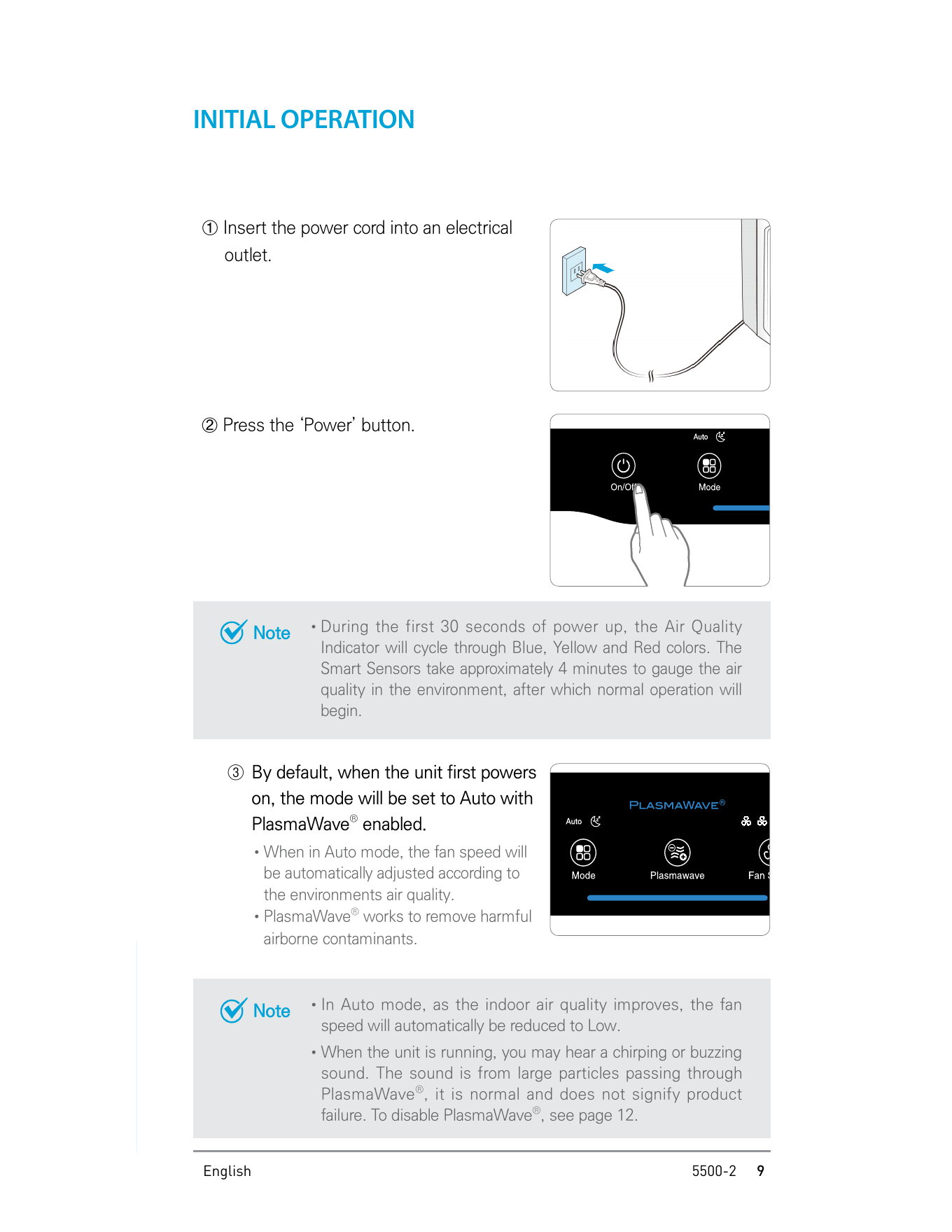 Winix 5500-2 initial operation instructions from user manual
