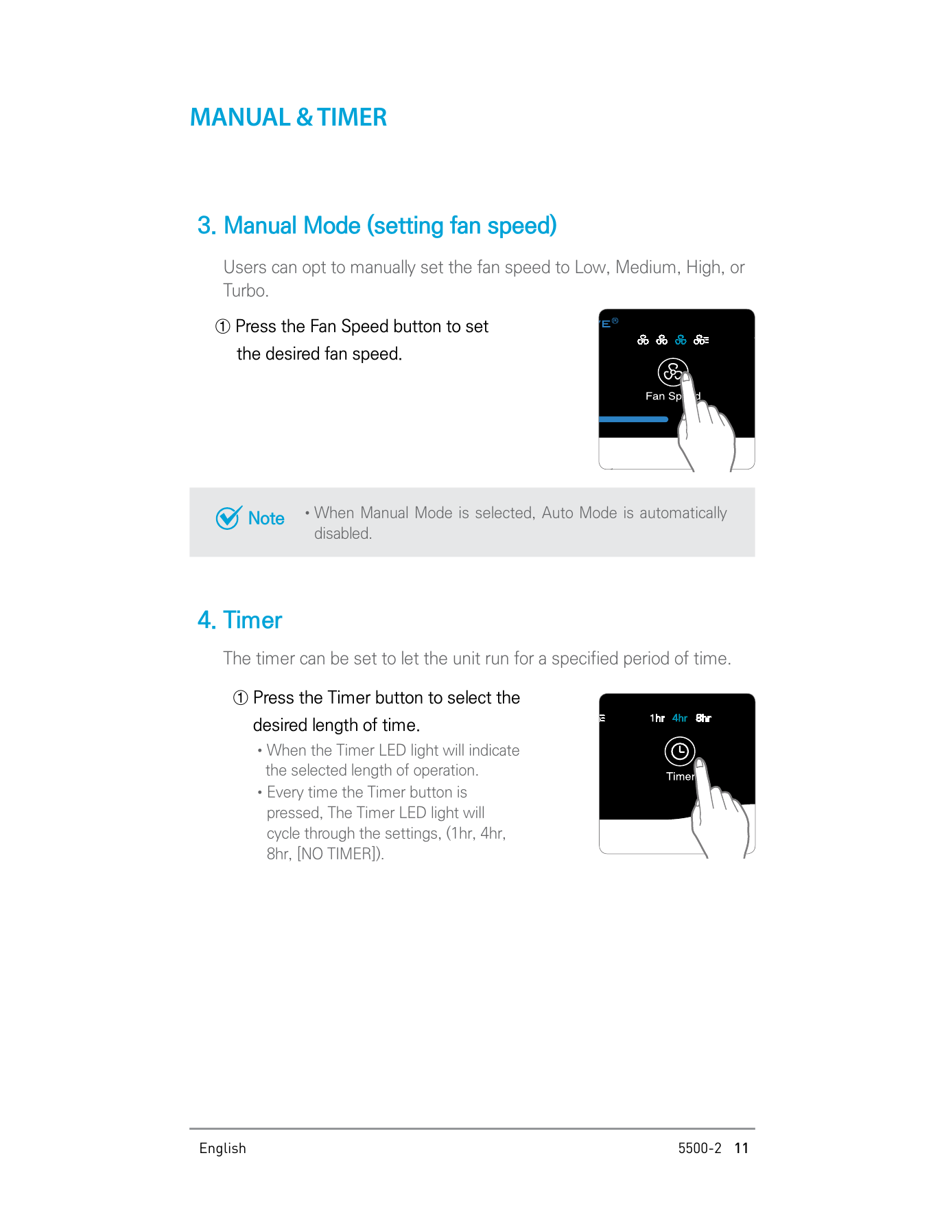 Winix 5500-2 Manual Mode and Timer settings