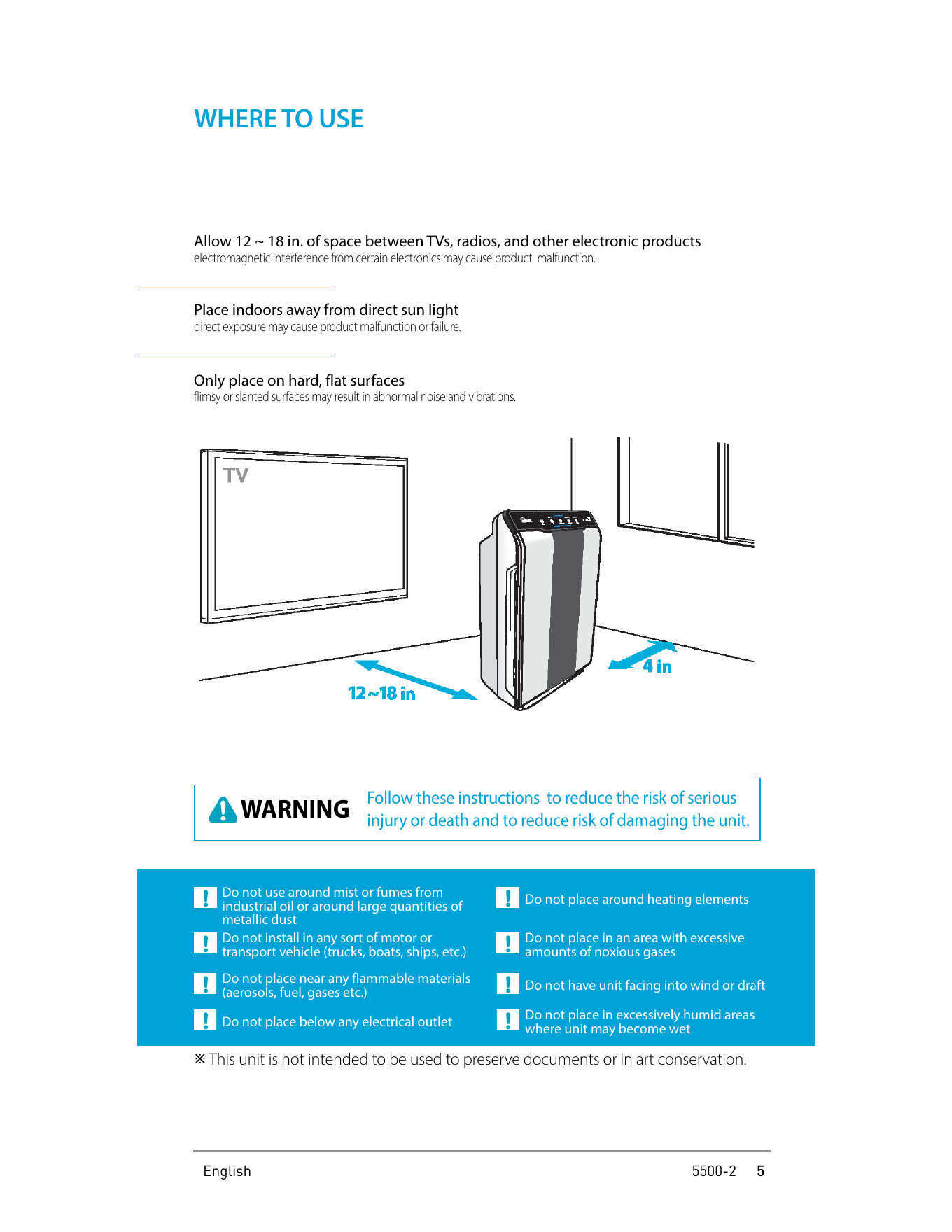 Where to place Winix 5500-2 air purifier according to the user manual