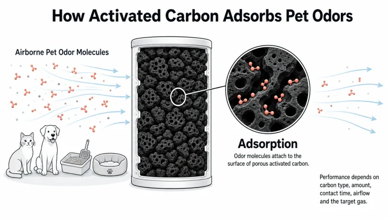 How activated carbon adsorbs airborne pet odor molecules