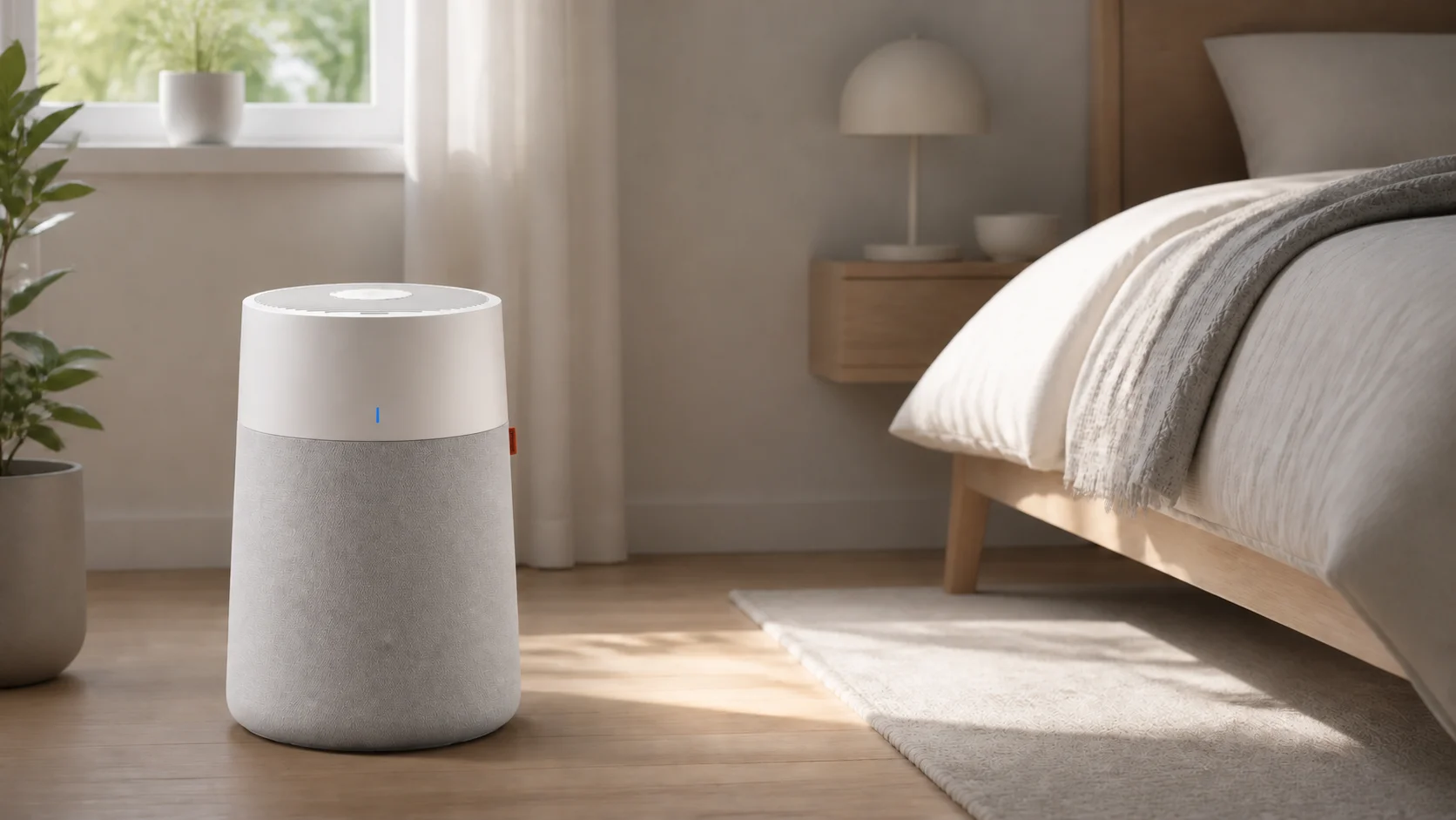Blueair Blue Pure 511i Max air purifier beside a bed in a small bedroom