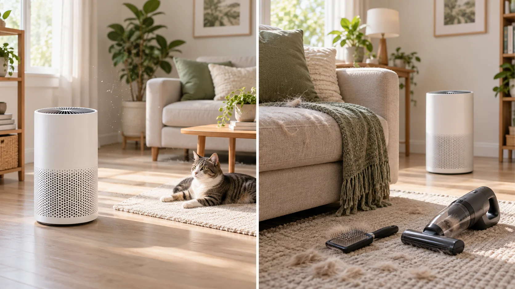 Comparison of airborne pet dander near an air purifier and pet fur settled on furniture and a rug