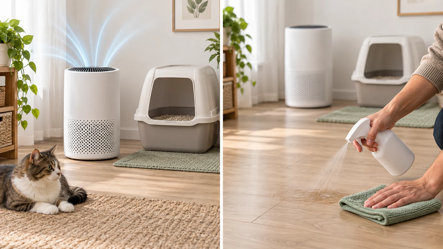 Air purifier for airborne cat odor paired with source cleaning for cat urine smell