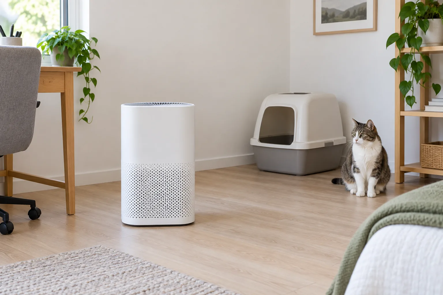 Correct air purifier placement near a litter box with clear airflow space