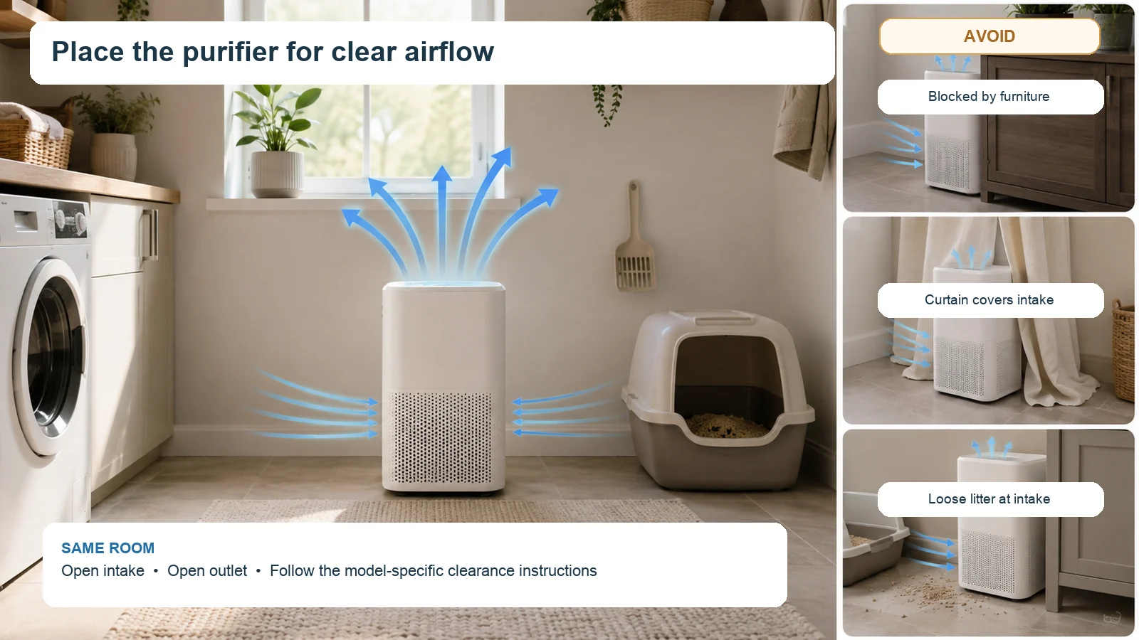 Example of air purifier placement near a cat litter box with unobstructed airflow