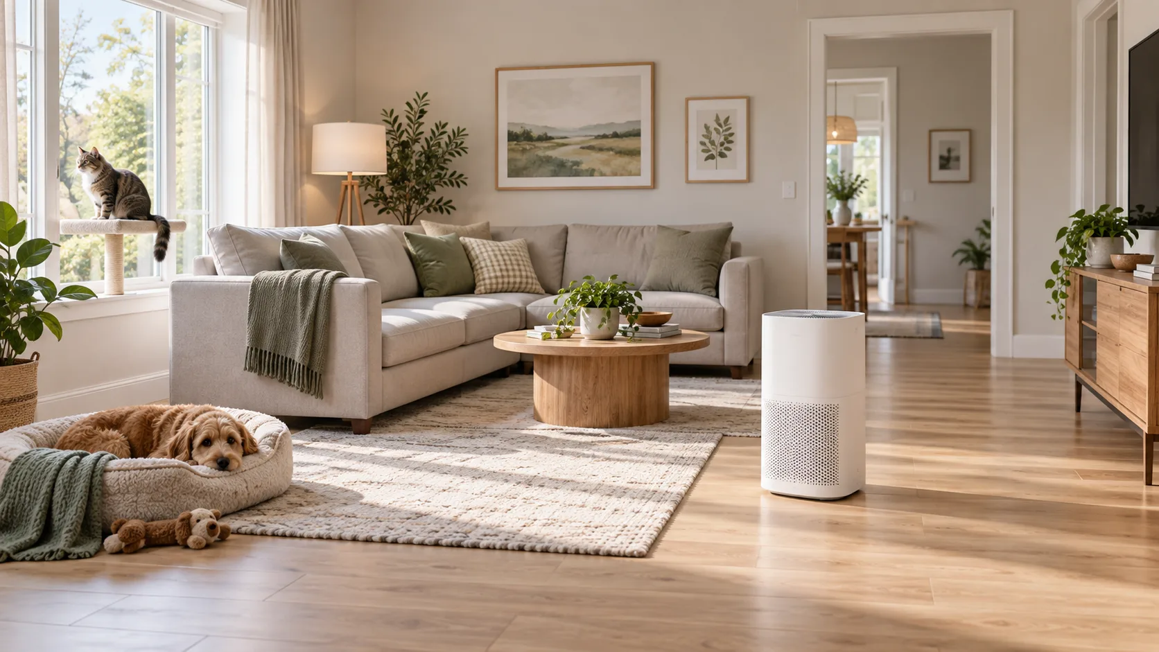 Air purifier placed with clear space around it in a pet-friendly living room