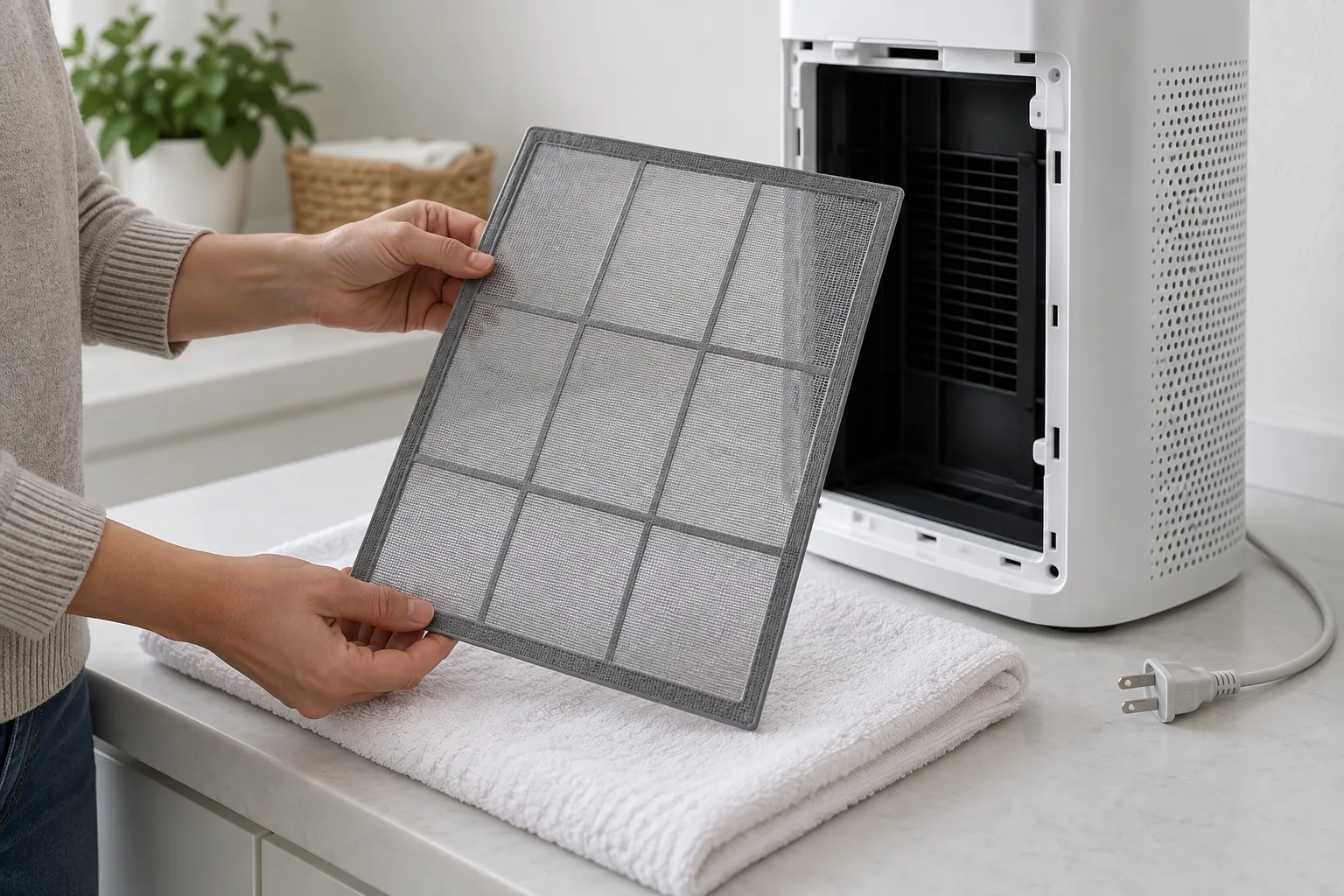 Dry washable mesh pre-filter held beside an unplugged air purifier before reinstallation