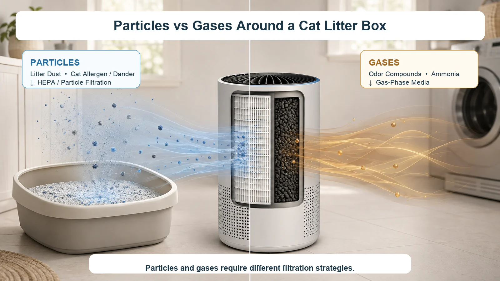 Diagram showing HEPA filtration for cat litter particles and gas-phase media for litter box odors and ammonia