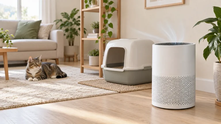 Air purifier placed near a covered litter box in a clean home with a cat
