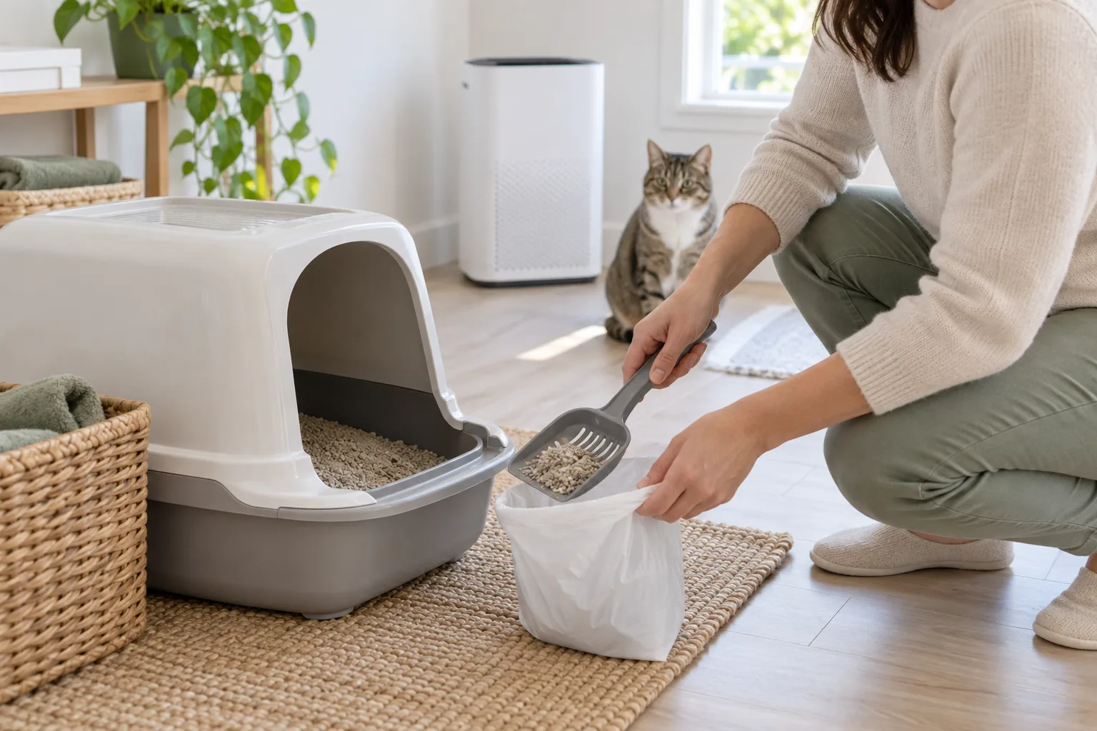 Daily litter box cleaning as part of cat urine odor control at home