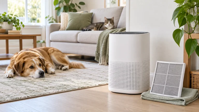 Generic air purifier with a dry washable mesh pre-filter in a bright living room with a dog and cat