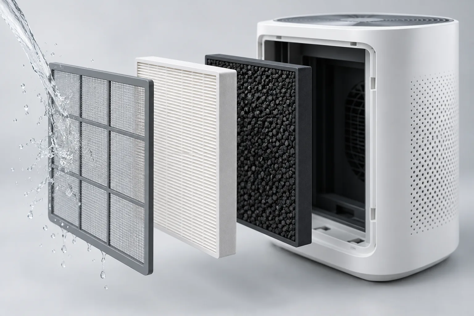 Exploded view of a washable mesh pre-filter, pleated particle filter, and activated-carbon filter inside an air purifier