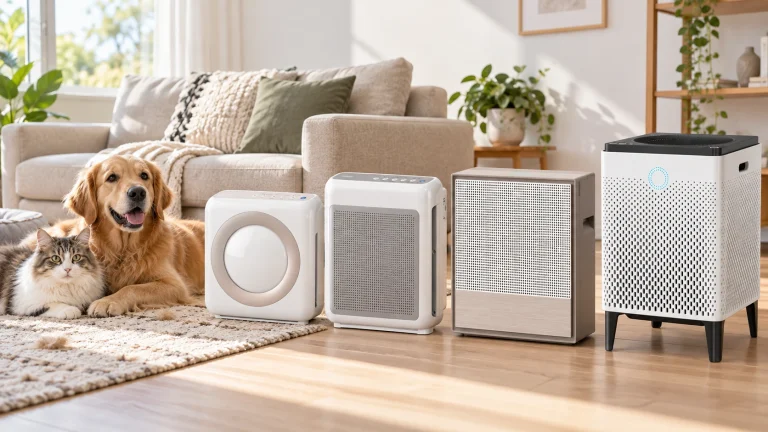 Four Coway air purifiers for pets, including Mighty AP-1512HH, Airmega 200M, Airmega 250, and Airmega 400, in a pet-friendly living room with a dog and cat.